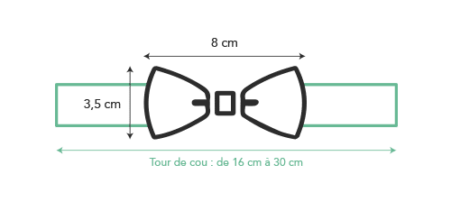 Schéma correspondant à la taille du noeud papillon bois bebe : 8 cm de large et 3,5 cm de hauteur