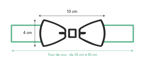 Schéma correspondant à la taille du noeud papillon bois enfant : 10 cm de large et 4 cm de hauteur